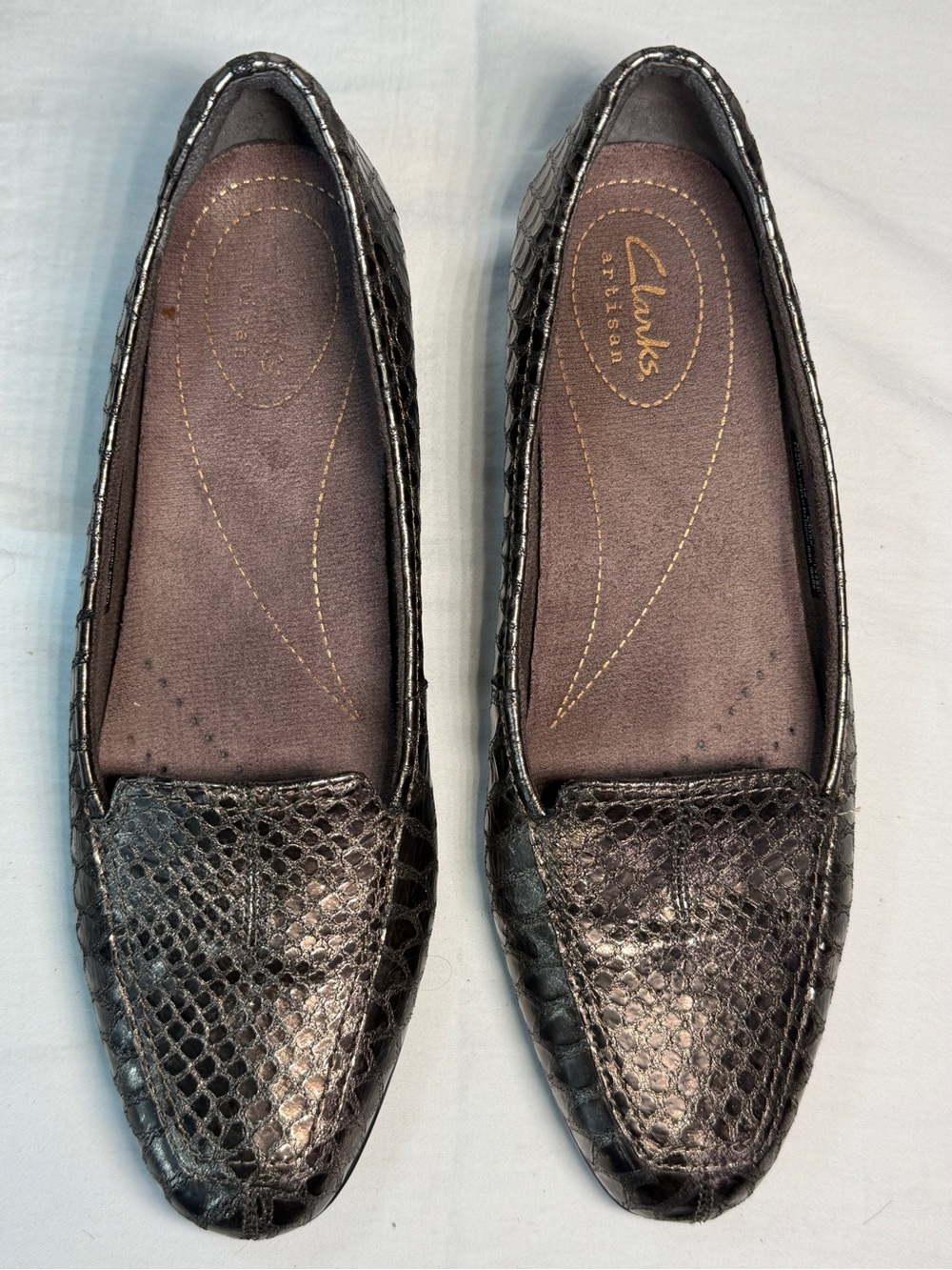 Clarks Metallic Black Snake-Embossed Leather Flats